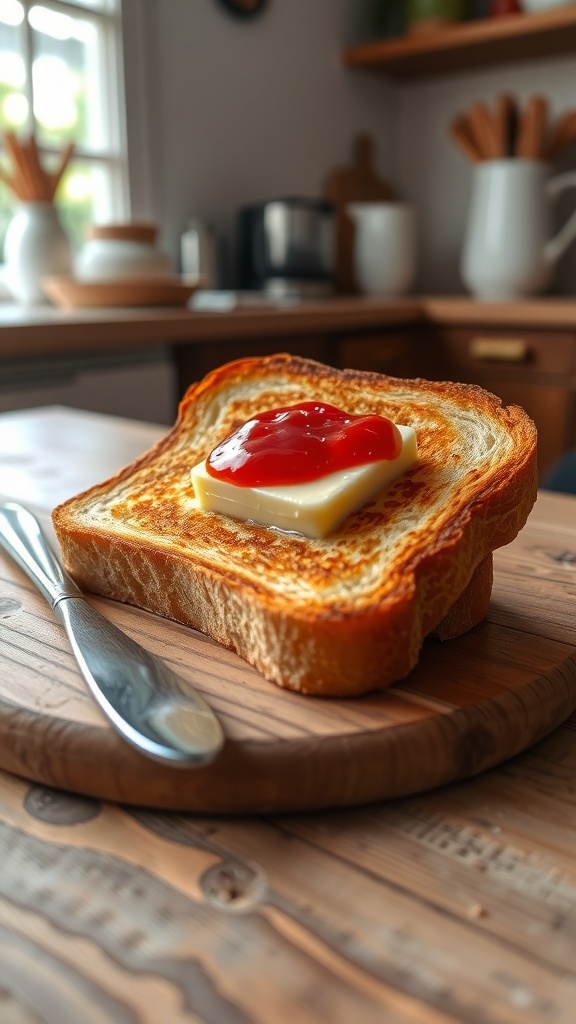 Golden brown toasted bread with butter and jam on a wooden table.